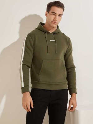 Green Guess Side Stripe Men's Hoodies | 1689-CEUMB