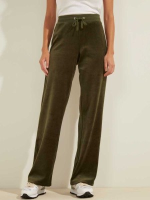 Green Guess Velour Logo Women's Pants | 4052-QEYFX