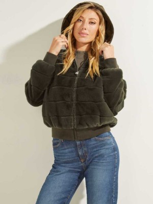 Green Multicolor Guess Felicia Faux-Fur Bomber Women's Jackets | 1439-HVNGJ