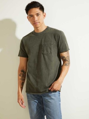 Green Multicolor Guess Sueded Jersey Men's T-Shirts | 5702-NYPLF