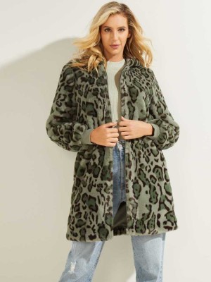 Green Olive Guess Fernanda Leopard Faux-Fur Women's Coats | 7130-TPNHV