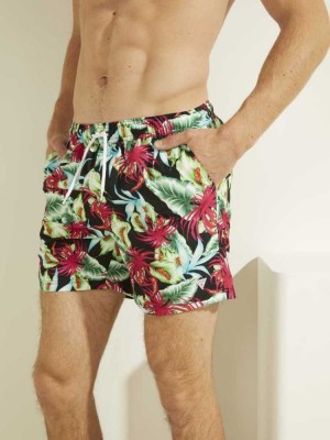 Grey Black Flower Guess Tropical Swim Trunks Men's Swimwear | 6013-AUTEK