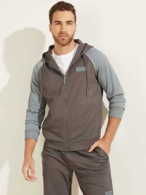 Grey Guess Logo Patch Active Men's Hoodies | 4601-JFMUK