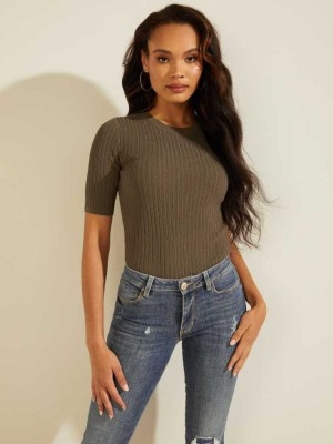 Grey Guess Naomi Ribbed Half-Sleeve Women's Sweaters | 3748-BKVIE