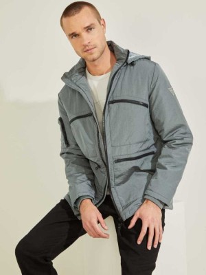 Grey Guess Ross Hooded Puffer Men's Jackets | 4637-BTZCY