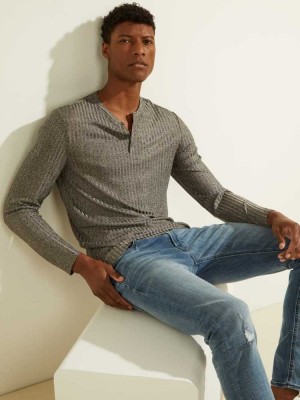 Grey Multicolor Guess Warehouse Long-Sleeve Henley Men's T-Shirts | 9042-LSYRE