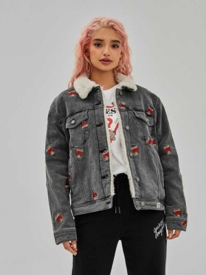 Grey Wash Guess Halle Sherpa Denim Women's Jackets | 0597-OHDYC