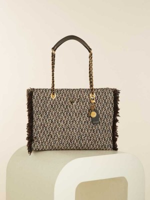 Grey White Guess Cessily Tweed Women's Totes | 9348-MCGXF