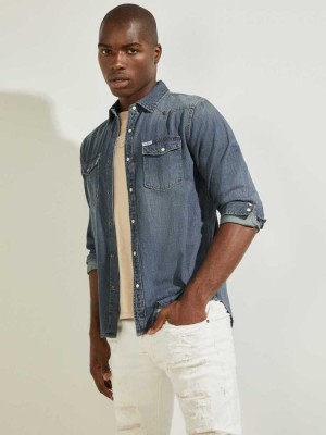 Indigo Guess Denim Western Men's Shirts | 2018-CVWQI