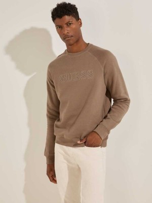 Khaki Guess Aldwin Crewneck Men's Sweatshirt | 6430-AHLJB