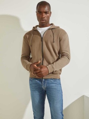 Khaki Guess Eco Aldwin Zip-Up Men's Sweatshirt | 6079-WCIZE