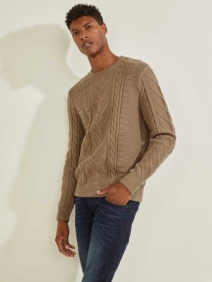 Khaki Guess Liam Mixed Cable Men's Sweaters | 5082-BVASU