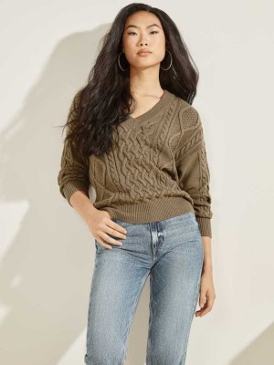 Khaki Guess Noemi Cable Knit Women's Sweaters | 8905-IWFNB