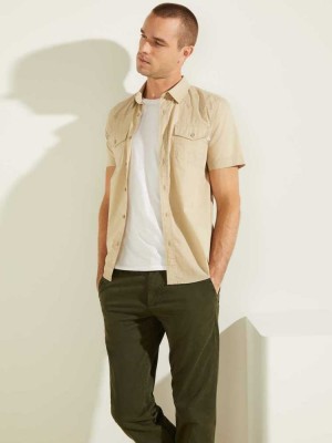 Khaki Guess Nottingham Western Men's Shirts | 1028-VFJAP