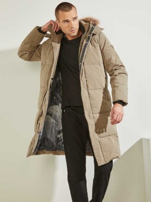 Khaki Guess Warm Touch Long Puffer Men's Jackets | 0796-VYZRM