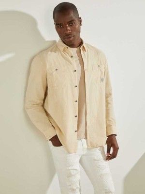 Khaki White Guess Collins Corduroy Men's Shirts | 1084-EQSRL