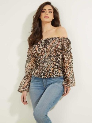 Leopard Guess Eco Simi Off-the-Shoulder Top Women's Tops | 5071-YHTWX