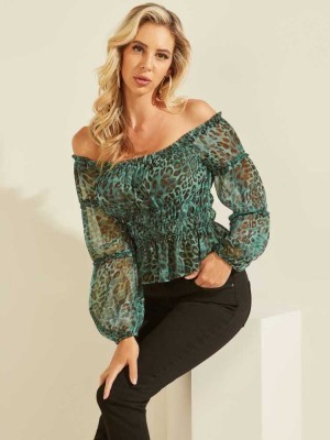 Leopard Guess Eco Simi Off-the-Shoulder Top Women's Tops | 4875-VTPBW