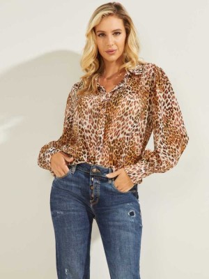 Leopard Guess Yora Sheer Women's Blouse | 3708-PCNLH