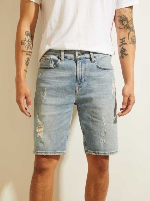 Light Blue Guess Distressed Slim Denim Men's Shorts | 6352-LJCWG