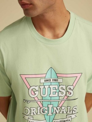 Light Blue Guess Originals Logo Men's T-Shirts | 5968-WQOUL