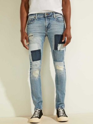 Light Blue Guess Patchwork Skinny Men's Jeans | 6078-UXFIV