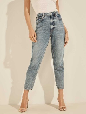 Light Blue White Guess Rose Pocket Mom Women's Jeans | 8753-EIPZR