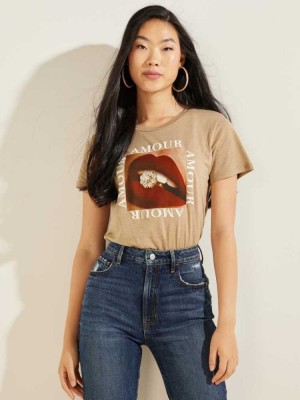 Light Coffee Guess Amour Amour Easy Women's T-Shirts | 3708-JILPM