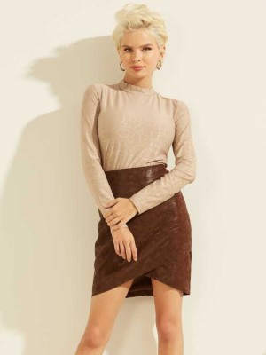 Light Coffee Guess Logo Mock-Neck Top Women's Tops | 4129-QHUJV