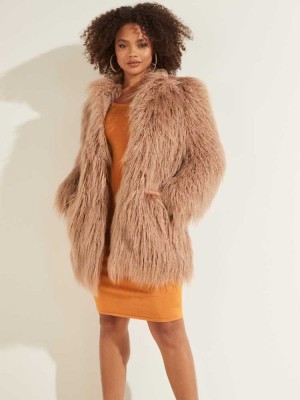 Light Coffee Guess Maurizia Shaggy Faux-Fur Women's Coats | 4512-HULEB