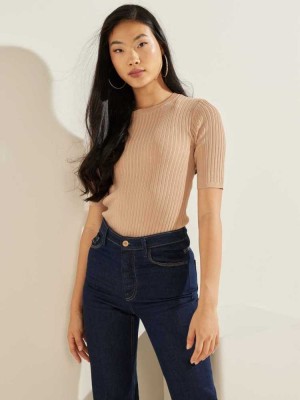 Light Coffee Guess Naomi Ribbed Half-Sleeve Women's Sweaters | 0714-GVEQZ