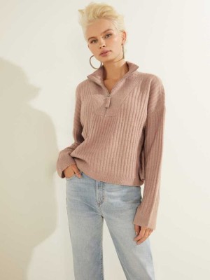Light Coffee Guess Shanely Quarter-Zip Women's Sweaters | 6195-BDGLZ