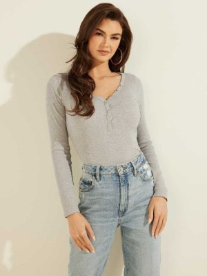 Light Grey Guess Rhinestone Logo Henley Women's Tops | 7539-RKCOM