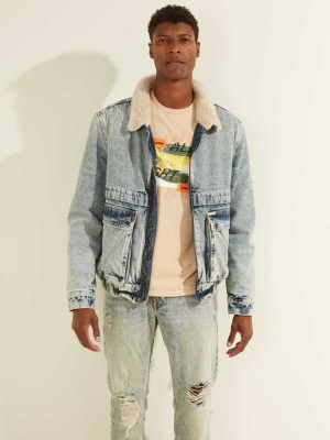 Light Indigo Guess Denim Bomber Men's Jackets | 8167-IDWCN