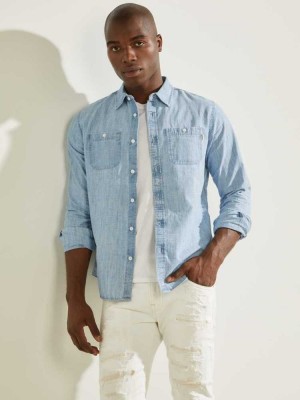 Light Indigo Multicolor Guess Classic Vintage Chambray Men's Shirts | 3974-CGBEI