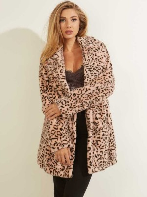Light Pink Guess Fatima Faux-Fur Women's Coats | 7240-ZLBUQ