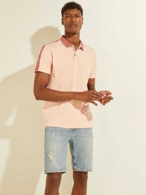 Light Pink Guess Pique Logo-Taping Men's Polo Shirts | 7123-BWZGQ
