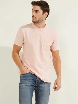 Light Pink Multicolor Guess Sueded Jersey Men's T-Shirts | 9035-UOGYV