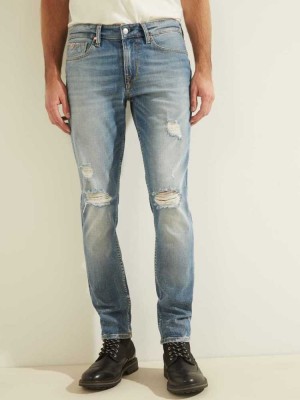 Light Wash Guess Distressed Slim Tapered Men's Jeans | 6178-NUPAQ