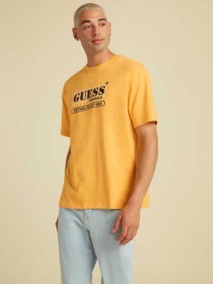 Mango Yellow Guess Originals Grid Men's T-Shirts | 3859-QGFSR