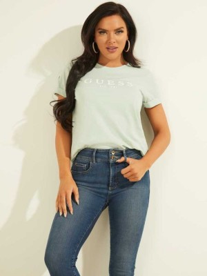 Mint Guess Eco 1981 Rolled Cuff Logo Women's T-Shirts | 2857-YUKCX