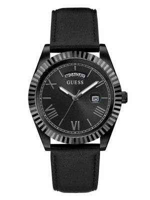 Multicolor Guess Black Leather Analog Men's Watches | 3452-EAIVW