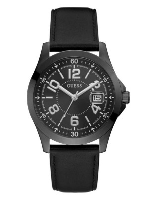 Multicolor Guess Black Leather Strap Analog Men's Watches | 3975-FRGVW