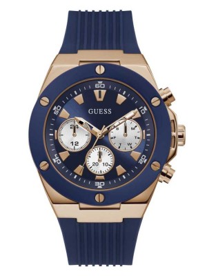 Multicolor Guess Blue And Rose-Gold Silicone Men's Watches | 9051-FPVXU