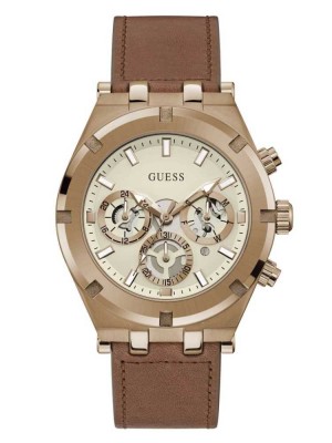 Multicolor Guess Coffee-Tone and Leather Multifunction Men's Watches | 6945-AGRPQ
