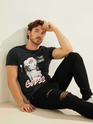 Multicolor Guess Eco Night Graffiti Men's T-Shirts | 3605-LYXPO