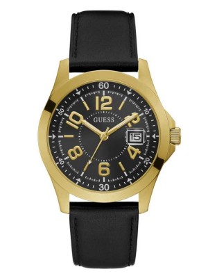 Multicolor Guess Gold-Tone And Black Leather Strap Analog Men's Watches | 3804-GHJSQ