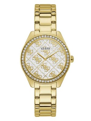 Multicolor Guess Gold-Tone Glitter Logo Women's Watches | 6345-OVWLG