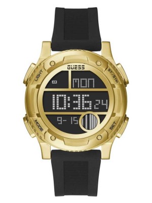 Multicolor Guess Gold-Tone and Black Silicone Digital Men's Watches | 2153-QDFUW