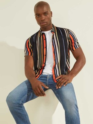 Multicolor Guess Hampton Striped Men's Shirts | 8473-AJXCL